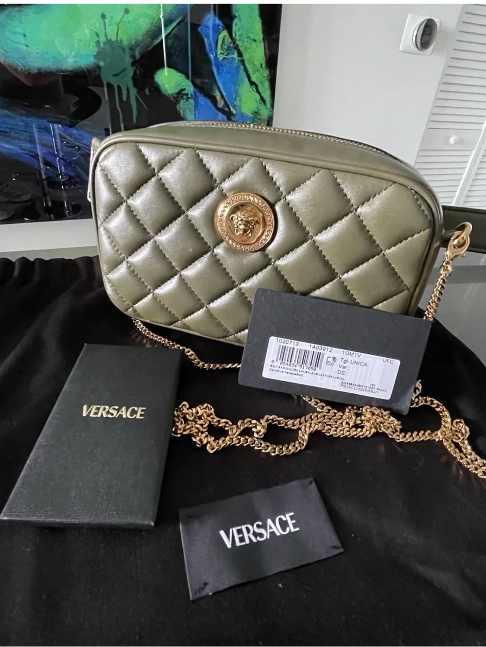 Versace Quilted Olive Green Leather Crossbody with Gold Medallion